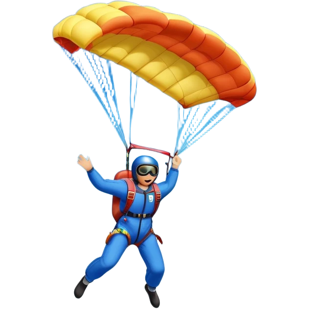 A skydiver free-falling through the sky, with a brightly colored parachute open above them. The background features a vast blue sky dotted with fluffy clouds, birds soaring nearby, and a plane flying off in the distance, emphasizing the thrill and freedom of the sport. emoji
