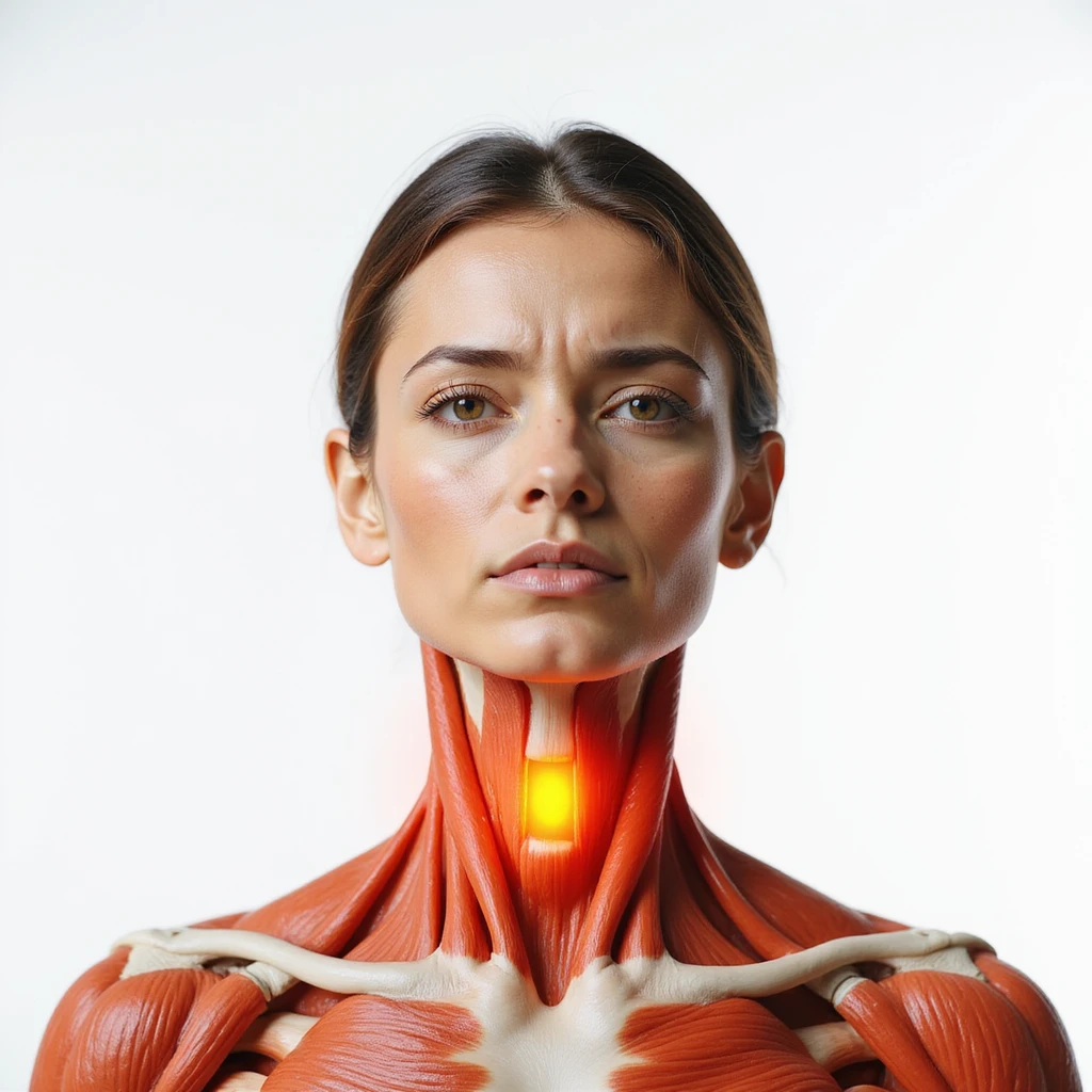realistic anatomical front view of a woman with highlighted neck muscles, cervical contractures, expression of pain, light background emoji