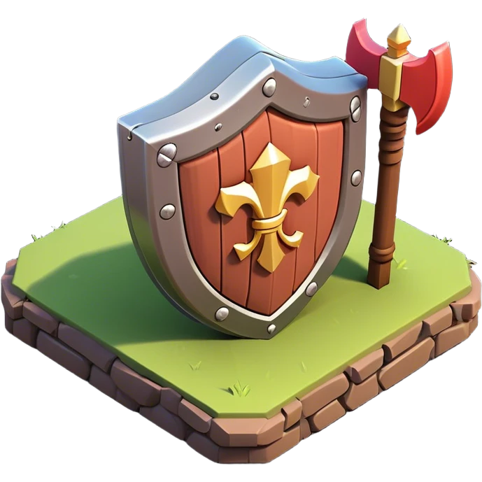 Clash of Clans aesthetic: Cinematic Playful 3D Isometric Shield Emoji, rendered in a 3D vector-style similar to standard emojis with minimal shading and bold, simplified shapes. A compact, distinct form with signature details, softly glowing with a fantasy RPG magic charm. Simplified yet unmistakably iconic, highly detailed and consistent, glowing with a soft radiance and high shine. Stylized with a touch of heroic grandeur and a soft glowing outline, capturing the essence of a beloved gaming relic with a friendly, playful manner! emoji