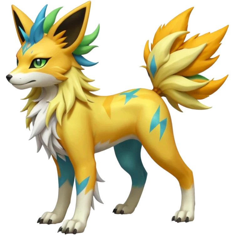 Feral Solgaleo-Meloetta-Jolteon-Renamon-Zeraora-Vernid-fusion-hybrid-creature, full body  emoji