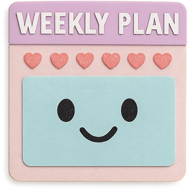 soft pastel kawaii weekly planner box with tiny heart icons, with a smiling face emoji