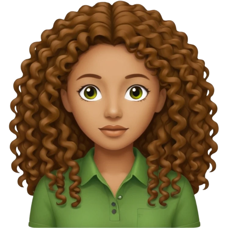 Melanie Brown with long brown curly hair, green shirt emoji