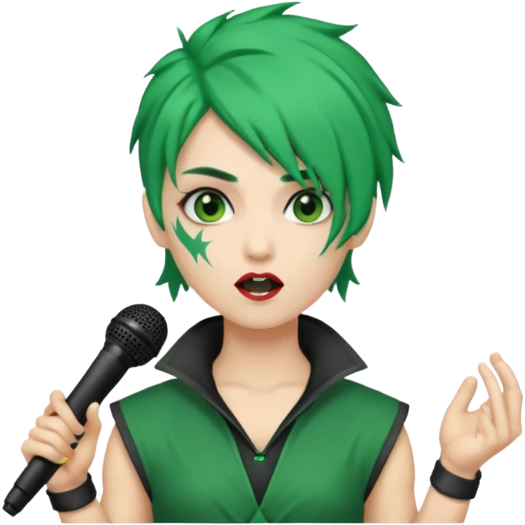 green haired, warrior makeup, holding microphone, singing emoji