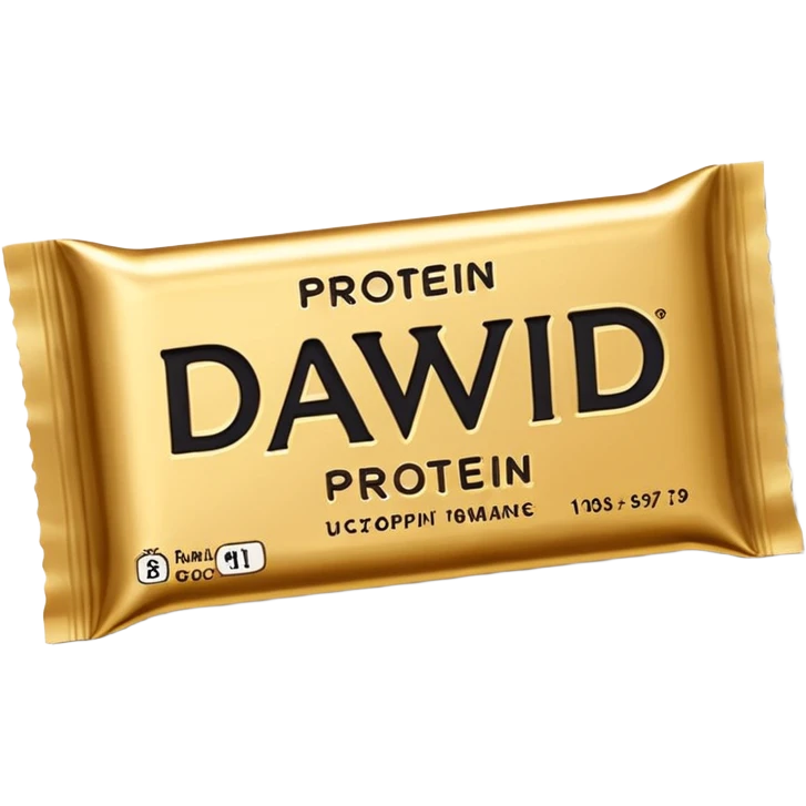 protein bar gold wrapper that says David on it in black font with a small brown box on it  emoji