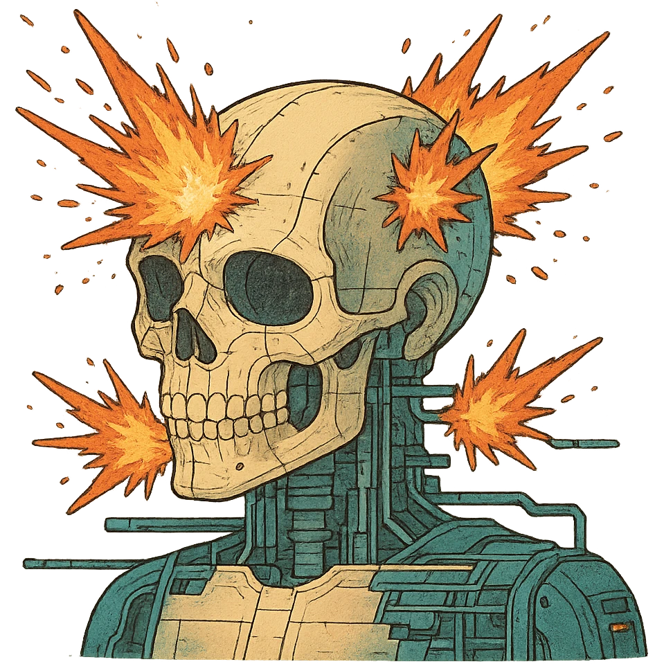 a skull exploding, anatomical diagram, front and back impact points, cyberpunk futuristic emoji