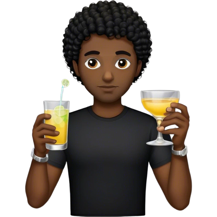 dark black guy, short black curly hair, 5 o’clock shadow, holding tequila, black shirt  emoji