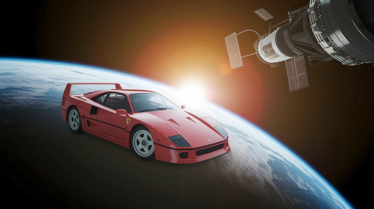 Cinematic still of a ferrari f40 floating in space, shot by space camera connect to spaceship, sun flare, big earth in background, captured by gopro emoji