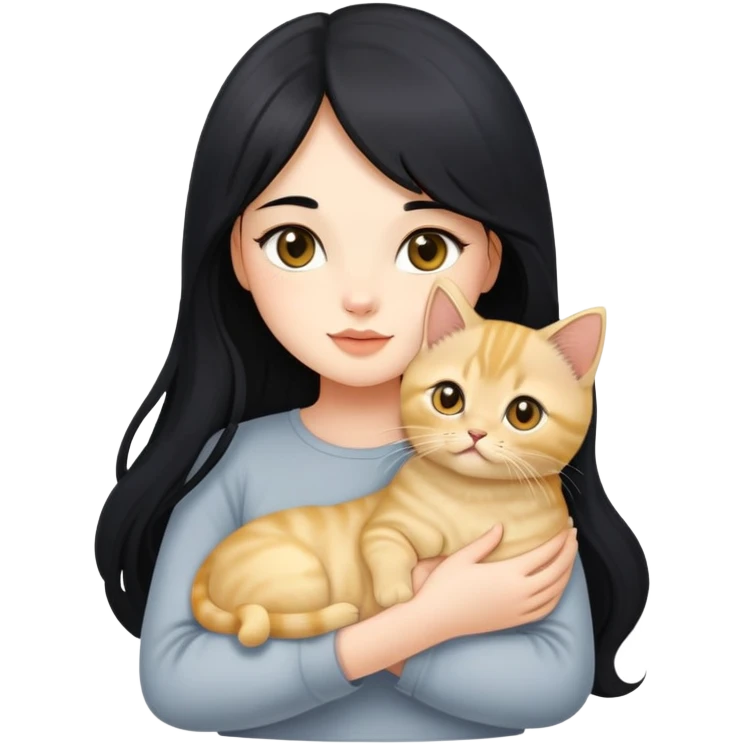 Beautiful girl with long black hair holding a cute golden British shorthair kitten in her arms emoji