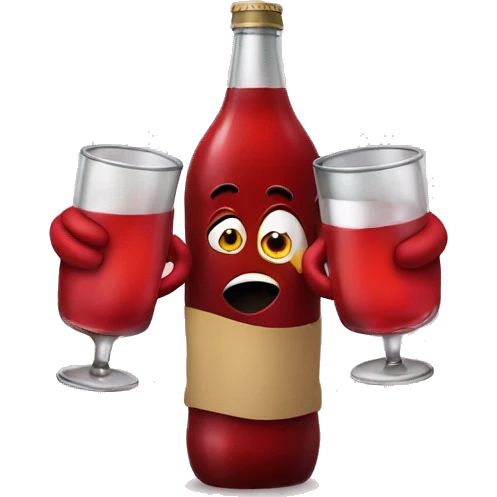 A red ❤️ emoji with eyes, a mouth, and hands, looking tipsy, holding a drink bottle, with a playful, drunken expression emoji