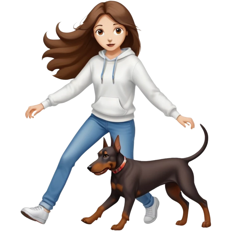 A beautiful girl with long hair wearing a white sweatshirt and jeans is chasing Doberman emoji