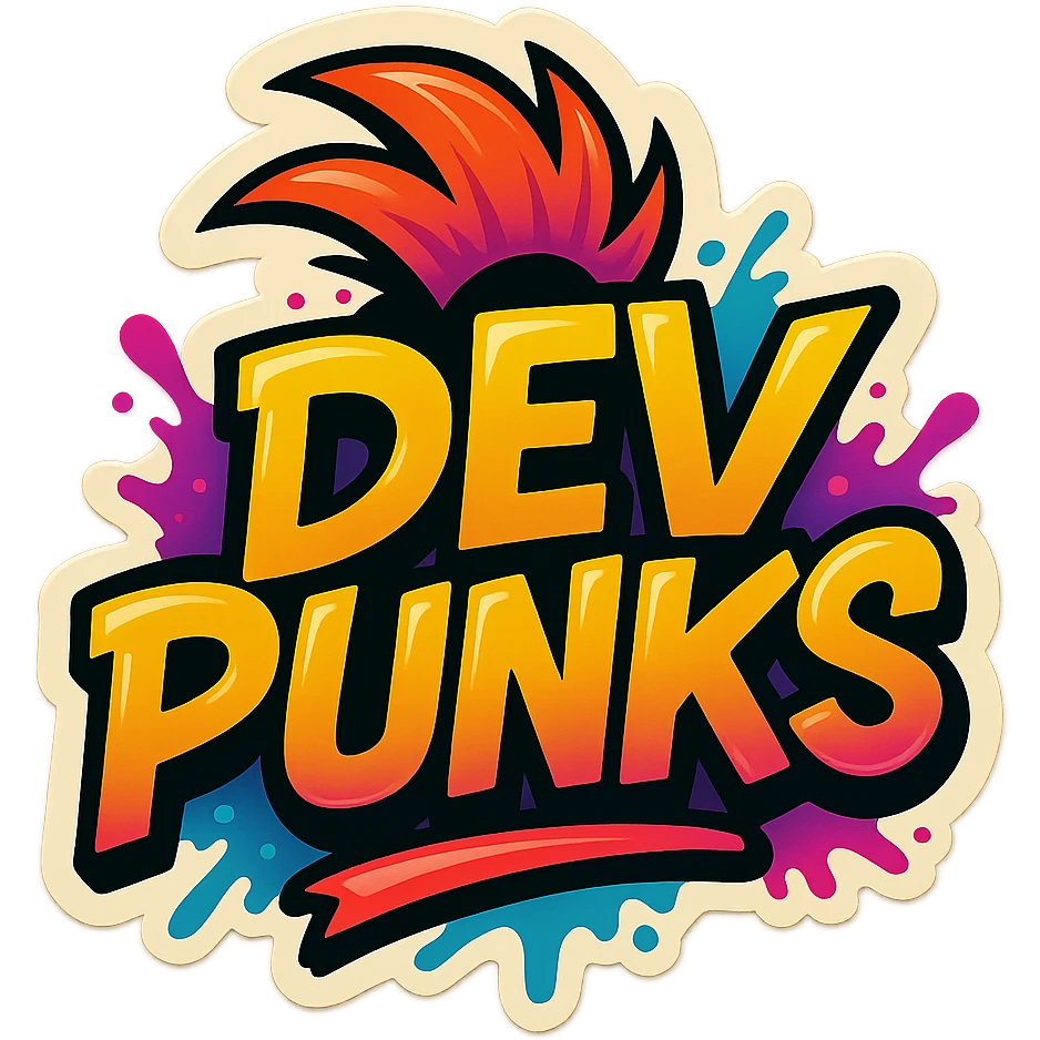 devpunks logo, retro 80s punk, graffiti style, vibrant colors, rebellious vibe emoji