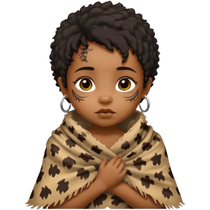ancient hairy black baby tatooed girl, tattered animal skin shawl emoji