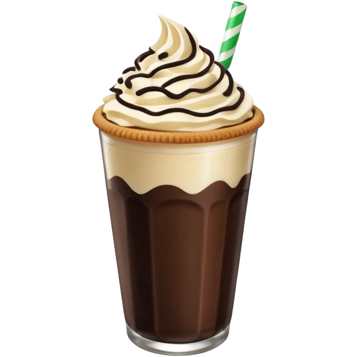 Vaso de vidrio con Frappé color café, crema en la parte superior con popote verde insertado en la crema, agregar encima de la crema chispas de chocolate y una galleta redonda color café oscuro tipo Oreo. emoji