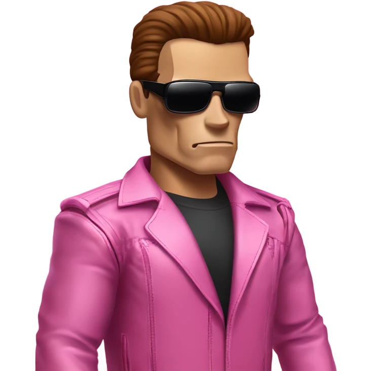 Schwarzenegger-like Terminator, upper body only, wearing his iconic clothes in pink (all clothes must be pink), looking more human with minimal robotic details, and wearing dark sunglasses. emoji