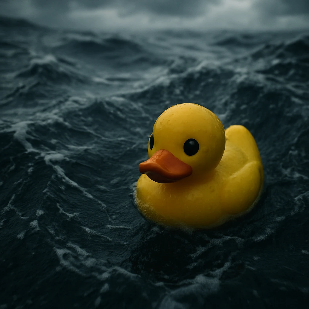 Extreme Closeup shot of Yellow duck toy on ocean during cloudy day, stormy sea, Camera from top, inspired by interstellar, shot by camera alexa 65, 35mm lens emoji