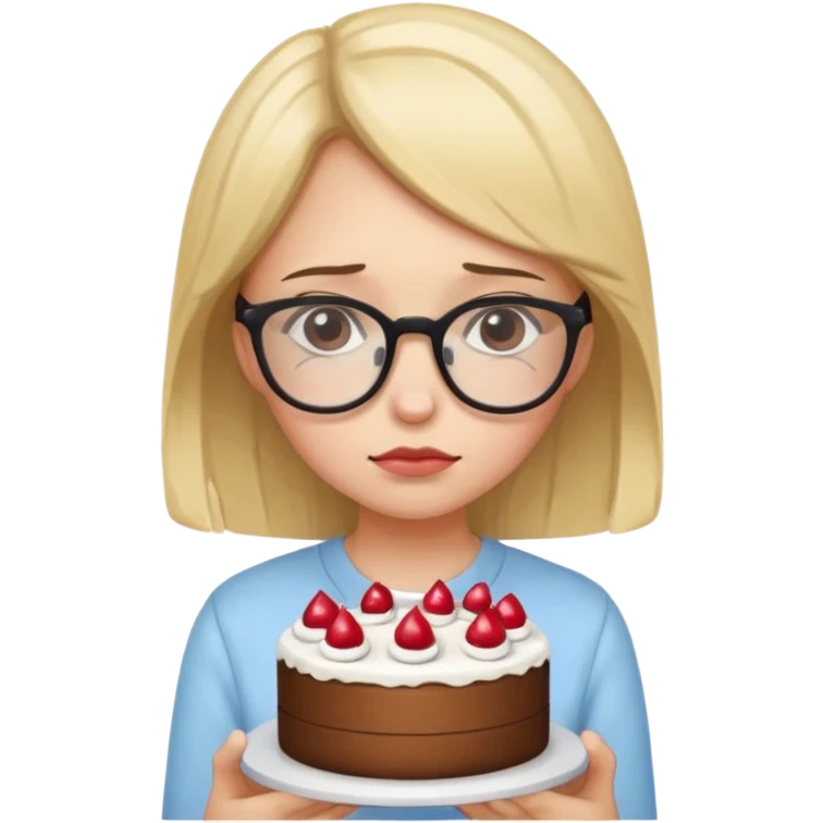 Sad girl with glasses holding a cake emoji