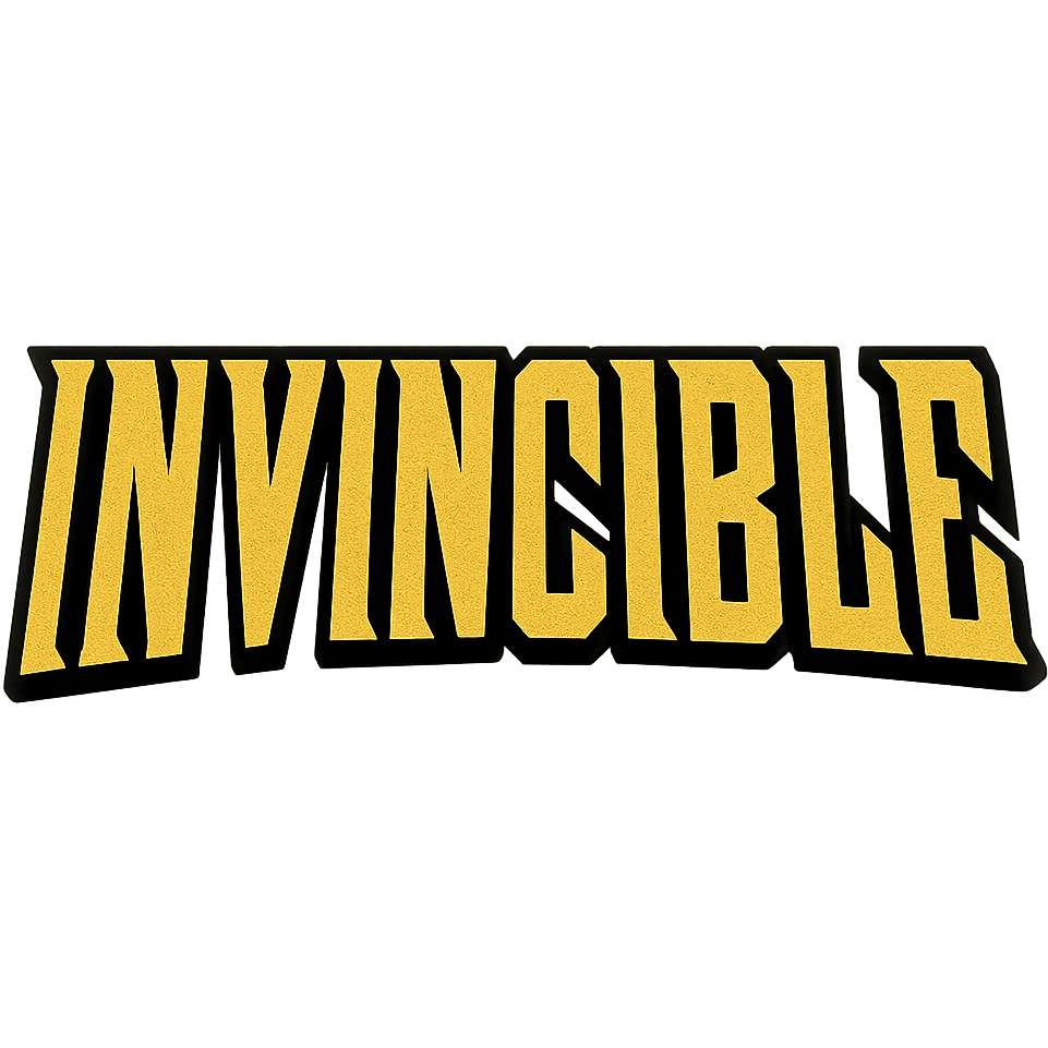 the word 'Invincible' in a clean, modern superhero font, yellow with thick black outline, no background emoji