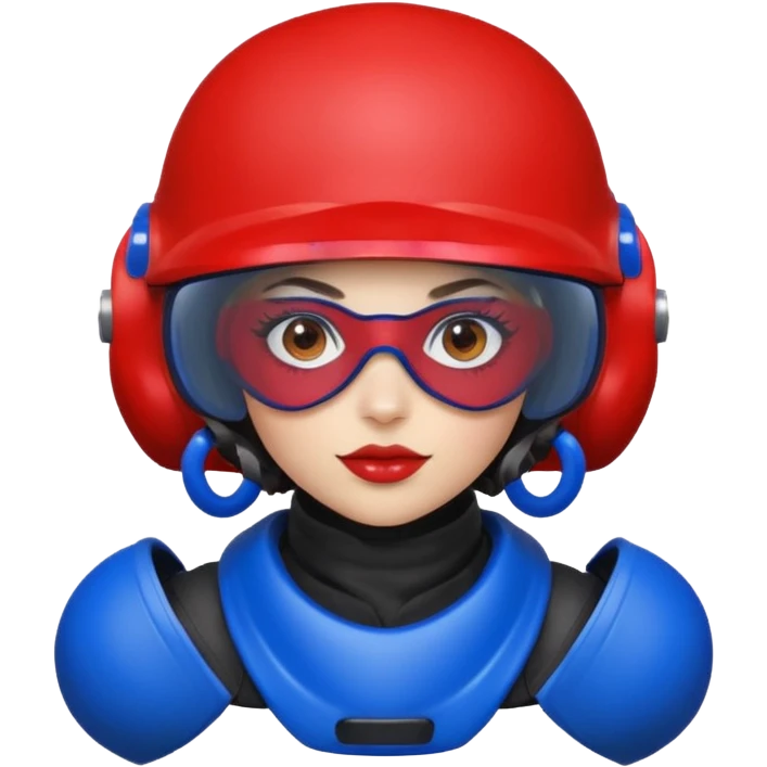 blue curly girl with huge earrings playing paintball with red paintball helmet with eye protection, only face  emoji