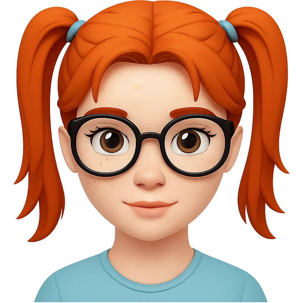 Add glasses to the freckled woman with ponytail in emoji style. Remove the background. emoji