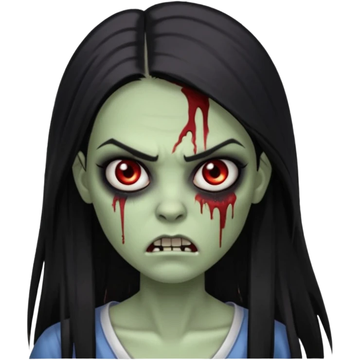 девушка зомби с темными длинными прямыми волосами, с черными макияжем глаз, тонкими бровями, со злым выражением лица в стиле Apple avatar emoji