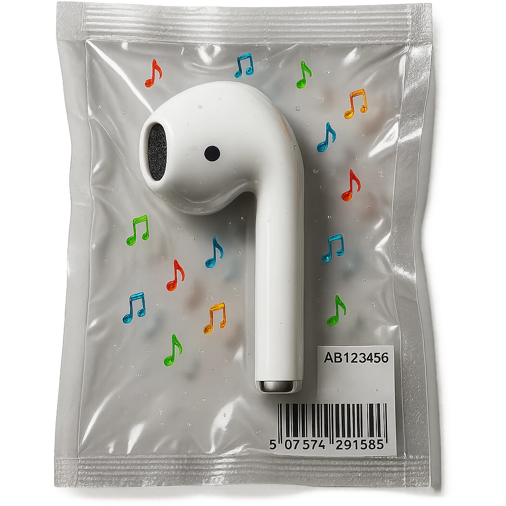 single white EarPod with scattered tiny rainbow glass music notes, glossy emoji
