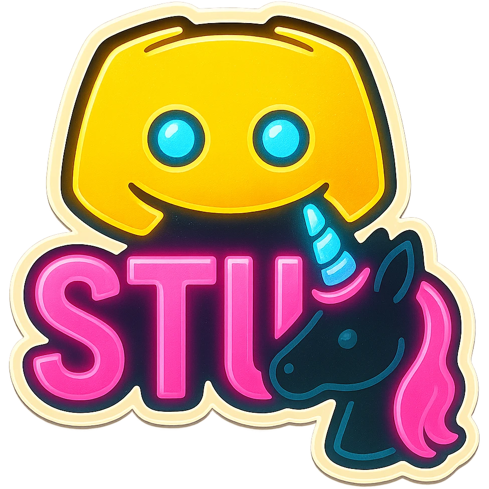 Add glowing neon effects to the emoji, making the text 'STU 🦄' and the unicorn element pop with vibrant neon outlines and a luminous aura, keeping the background transparent for Discord use. emoji