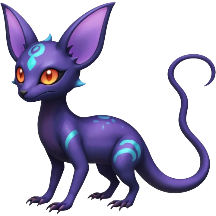 Rare epic aesthetic iridescent spooky gloomy colorful Salandit-Amaura-Espeon-Genet-species-Fakemon-hybrid-creature, with markings, full body emoji