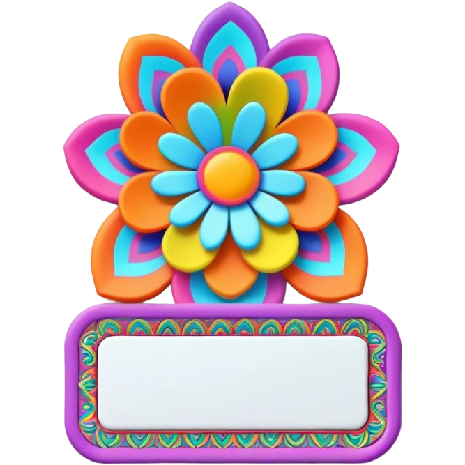 3D, psychedelic colored name tag with hippie style flower border emoji
