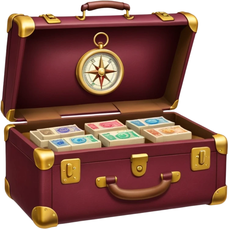 burgundy travel suitcase with multi-colored stamps on it and a gold compass emoji