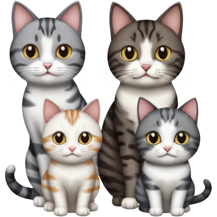 3 different coloured short haired cats including; a dark brown tabby and white cat, and a dark grey and white  emoji