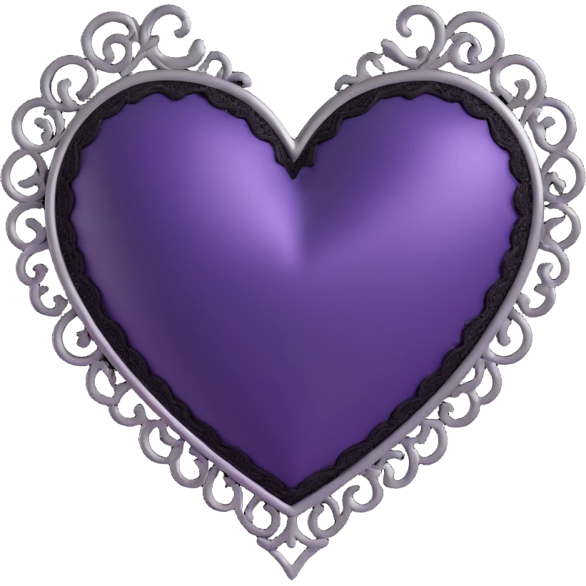 3D emoji gothic heart, deep purple satin, silver filigree, black lace trim, elegant and moody emoji