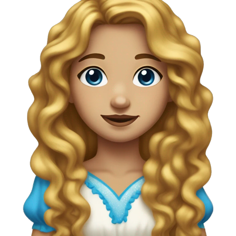 girl with long wavy brown hair, 1 white vitiligo strand of hair, blue eyes, fair skin, freckles, dimples and yellow dress emoji