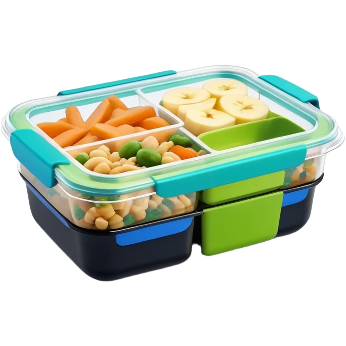 Small plastic meal prep container with food in it with clear lid, black bottom with bright green and blue label emoji