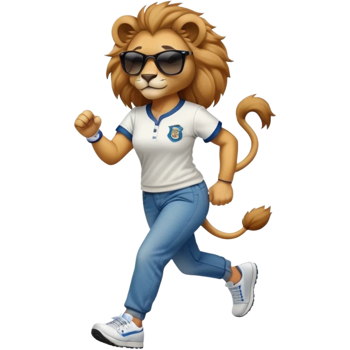 confident anthropomorphised female lion wearing a baseball shirt, jeans, trainers, dark sunglasses, jogging upright, looking self-assured emoji