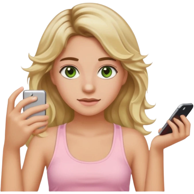 20-year-old girl with long wavy hair brown roots blonde highlights green eyes brown eyebrows good summer tan iPhone emoji style can you make her wear a light pink tank top emoji
