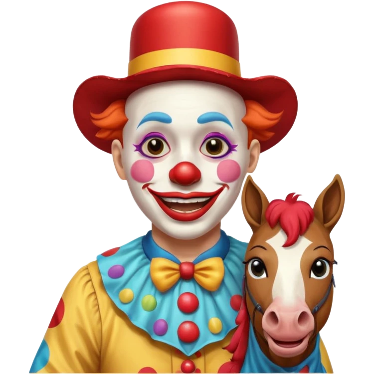 a crying but smiling and showing a peace sign clown face riding a horse emoji