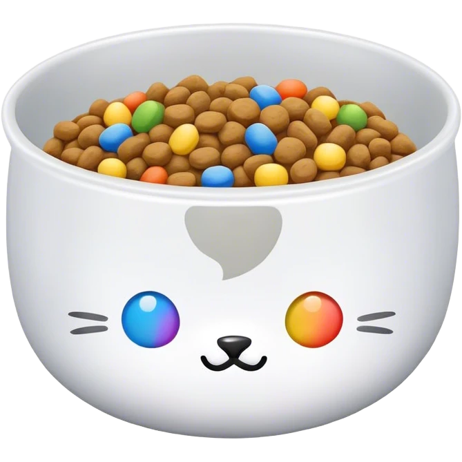 Create a 2D picture of a cat food bowl with rainbow kibble  emoji
