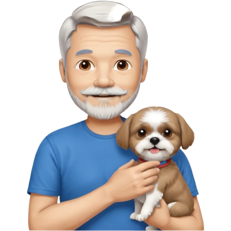 handsome gentleman, 60 years old, short silver hair, beard/moustache, wearing a blue t-shirt, smiling and holding a shih tzu emoji