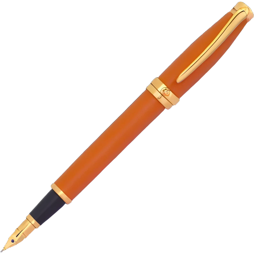 luxury 3D fountain pen, brown camel leather body, gold nib, Hermès orange detail, no text emoji