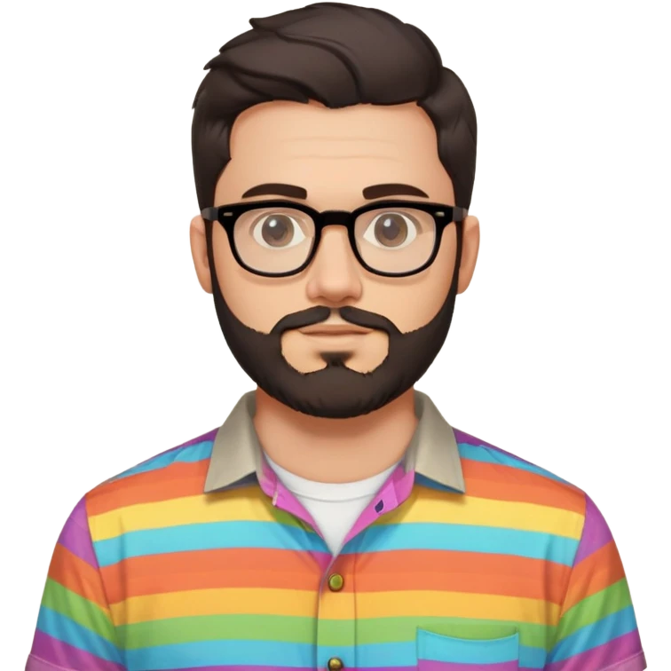 a 30-year-old man with light skin, medium solid build, wide face, soft cheeks, rounded jawline, neutral relaxed expression, short dense full beard, wavy voluminous brown-black hair at the front, large rectangular black thick frame glasses, colorful button-up shirt open showing white t-shirt emoji
