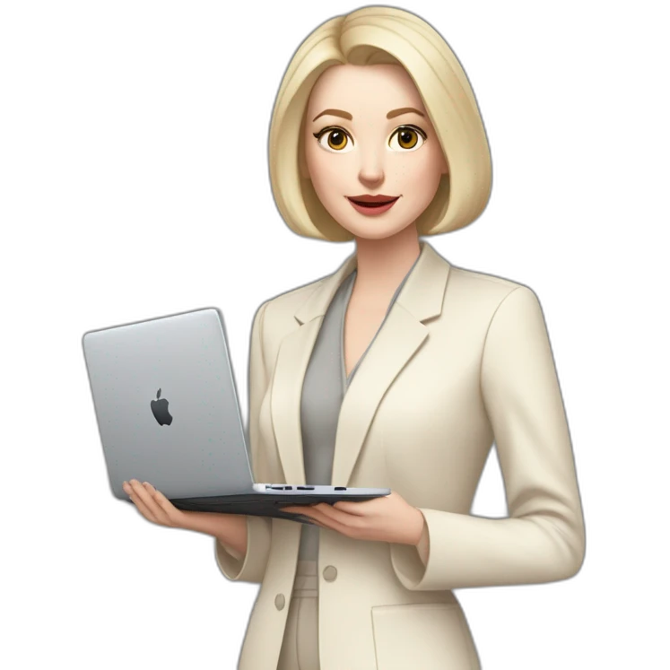pale skin woman with ash blonde Straightened bob Hair, White Spacious classical jacket, beige palazzo Arrow pants and gray blouse holding a MacBook in the hands emoji