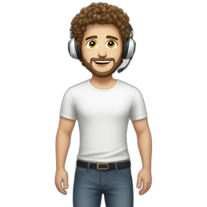 white guy with curly hair brun guy with white headphone and short beard emoji
