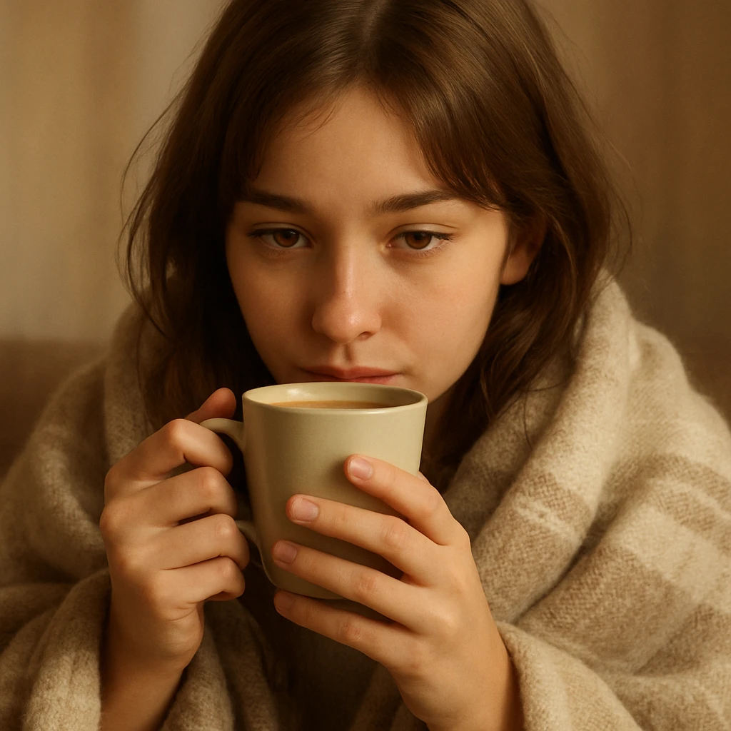 girl with brown hair and light brown eyes drinking coffee from a cup, wrapped in a blanket, soft and warm atmosphere emoji