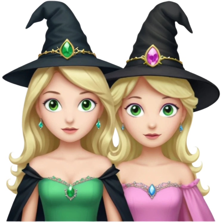elfiba and glenda from wicked, elfiba in a green dress and green eys and a black witch hat, and glenda in a pink puffy dress blue eyes and a tiara and blond hair emoji