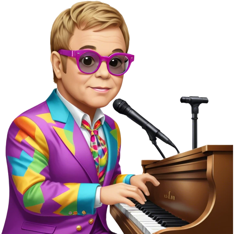 Pop music icon: Elton John at the piano in signature glasses and colorful outfit, George Michael holding a microphone in stylish attire. Stage lights and musical notes in the background. Transparent background. emoji