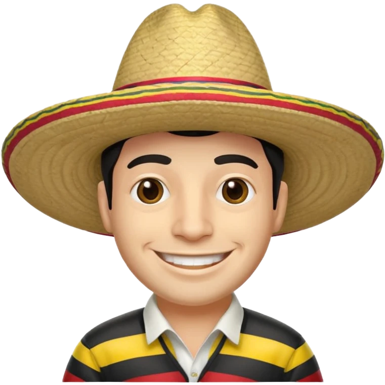 A happy fair skinned Colombian man wearing a Colombian sombrero that has black horizontal stripes emoji