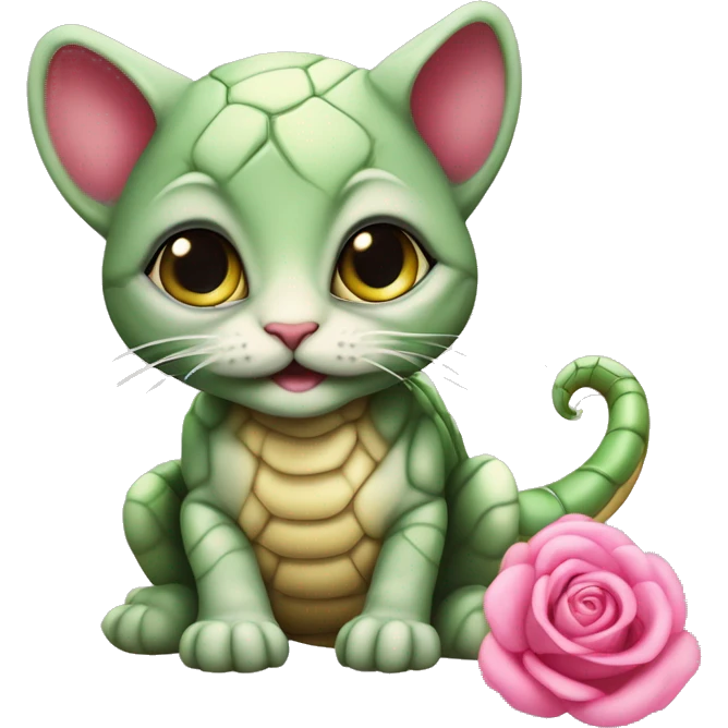 Un chaton couleur écailles de tortue, avec des yeux verts et les pupilles d’un serpent, avec un petit noeud rose autour du cou emoji