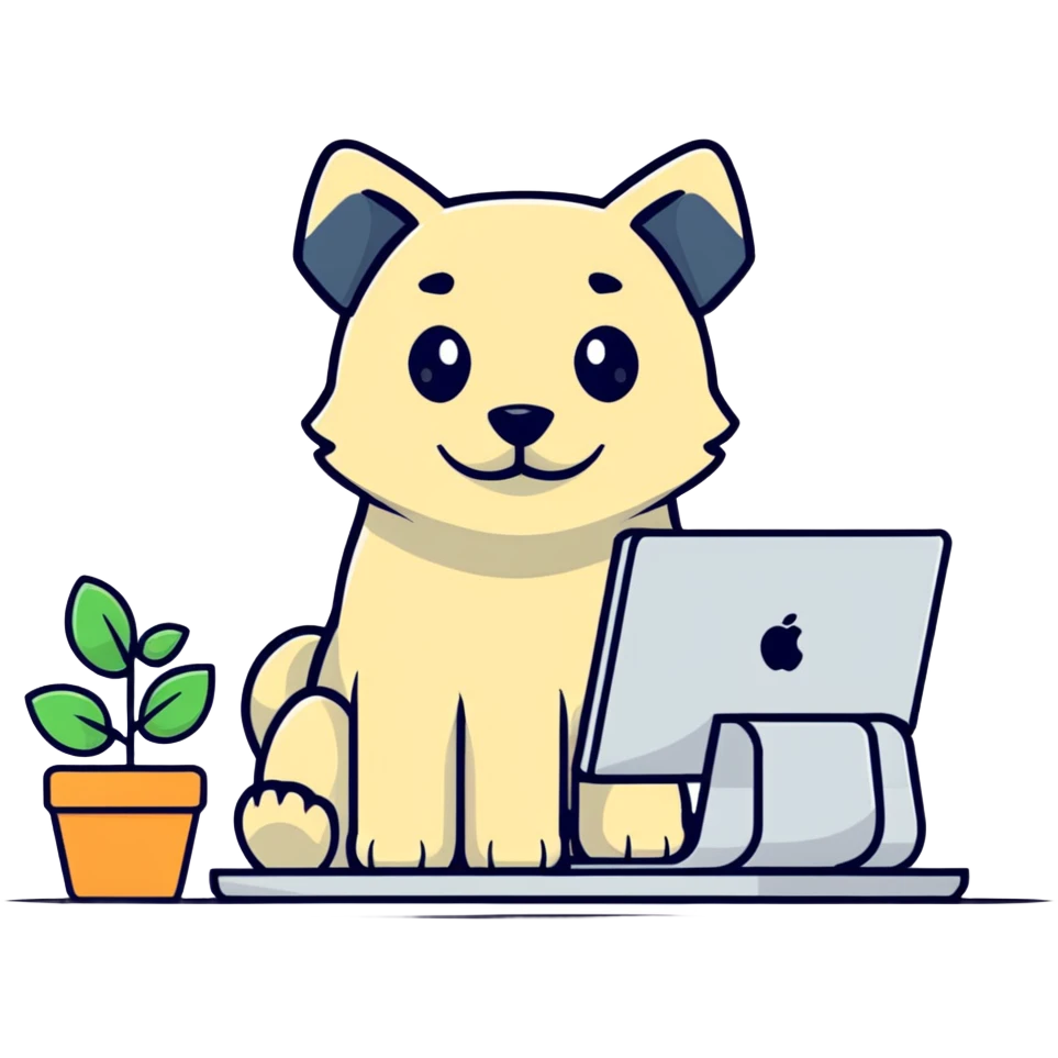 light-colored dog as a graphic designer, sitting at a computer, working on a design emoji