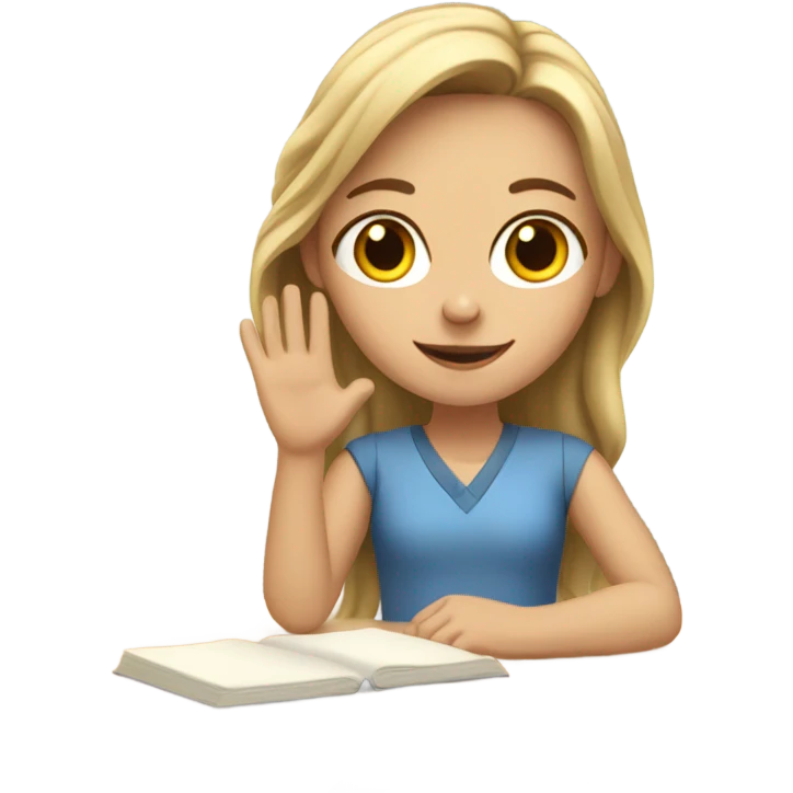 A white girl with a raised hand at a desk at school  emoji