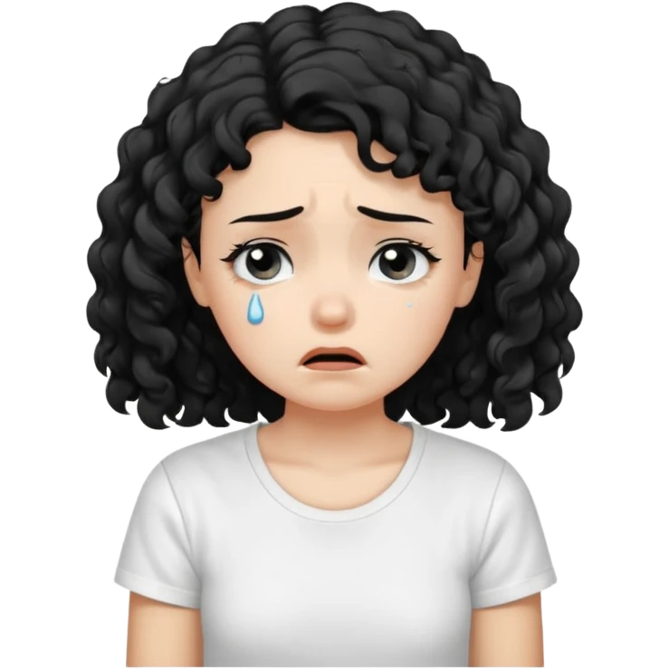 a pretty fair bratz girl with black curly hair, crying, wearing a white tshirt emoji